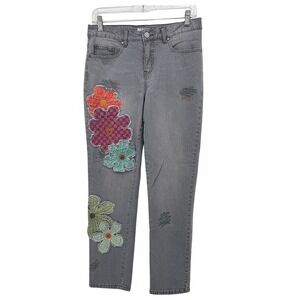 Tru Luxe Embroidered Flower Patch Boho Denim Gray Jeans Slim Leg Hippie Size 8